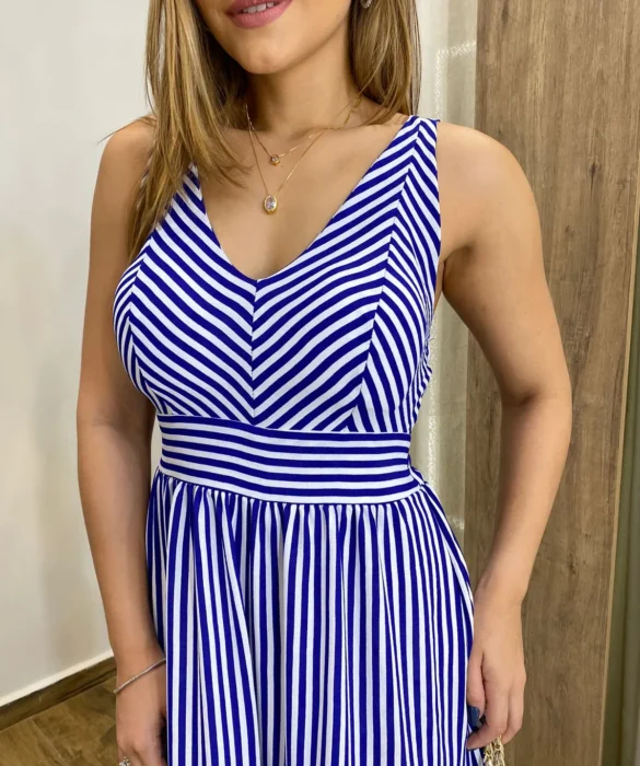 Vestido Longo com Bojo e Lastex Alça Grossa Listrado de Azul Bic - Fernanda Ramos Store