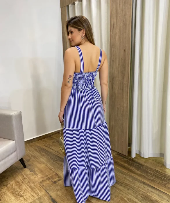 Vestido Longo com Bojo e Lastex Alça Grossa Listrado de Azul Bic - Fernanda Ramos Store