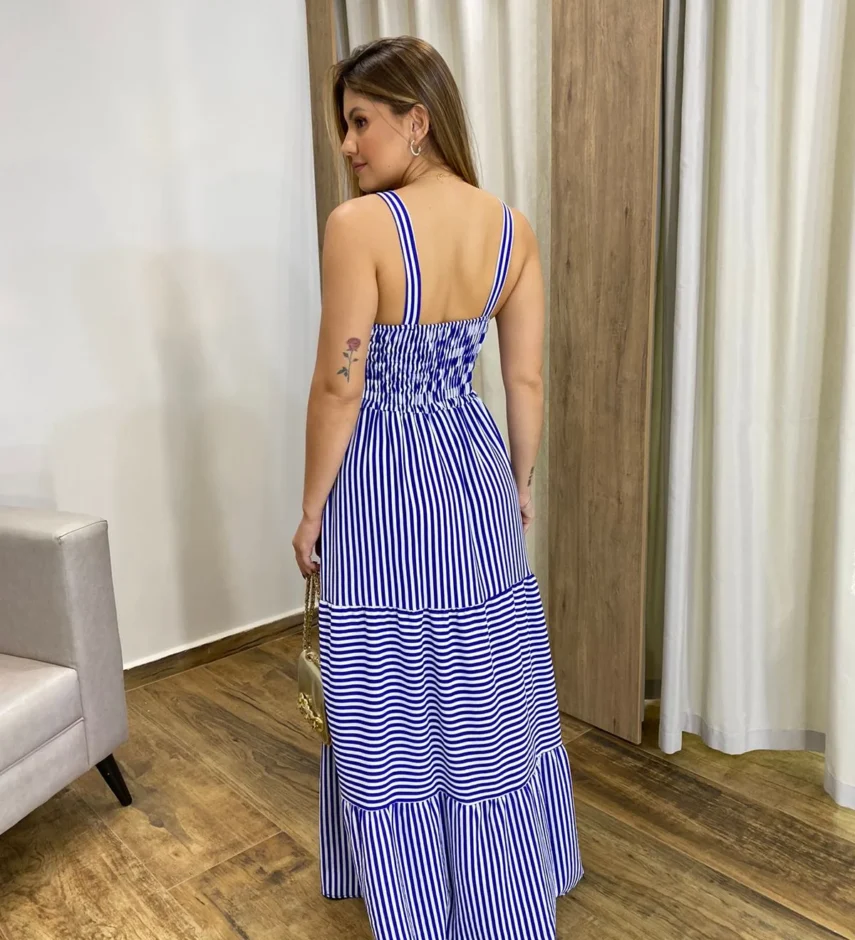 Vestido Longo com Bojo e Lastex Alça Grossa Listrado de Azul Bic - Fernanda Ramos Store
