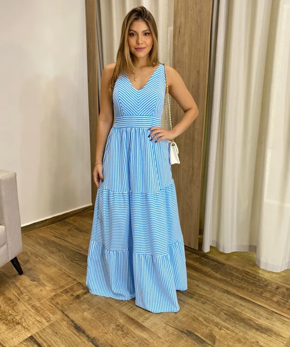 Vestido Longo com Bojo e Lastex Alça Grossa Listrado de Azul - Fernanda Ramos Store