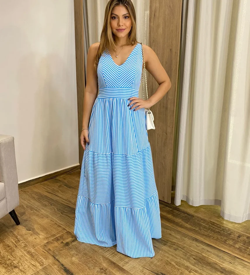 Vestido Longo com Bojo e Lastex Alça Grossa Listrado de Azul - Fernanda Ramos Store