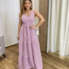 Vestido Longo com Bojo e Lastex Alça Grossa Listrado de Rosé - Fernanda Ramos Store