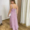 Vestido Longo com Bojo e Lastex Alça Grossa Listrado de Rosé - Fernanda Ramos Store