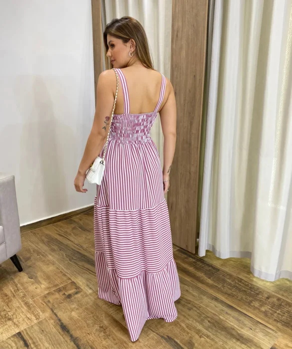 Vestido Longo com Bojo e Lastex Alça Grossa Listrado de Rosé - Fernanda Ramos Store