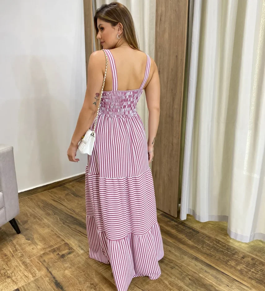 Vestido Longo com Bojo e Lastex Alça Grossa Listrado de Rosé - Fernanda Ramos Store