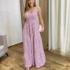 Vestido Longo com Bojo e Lastex Alça Grossa Listrado de Rosé - Fernanda Ramos Store