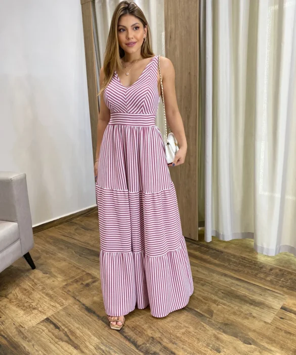 Vestido Longo com Bojo e Lastex Alça Grossa Listrado de Rosé - Fernanda Ramos Store