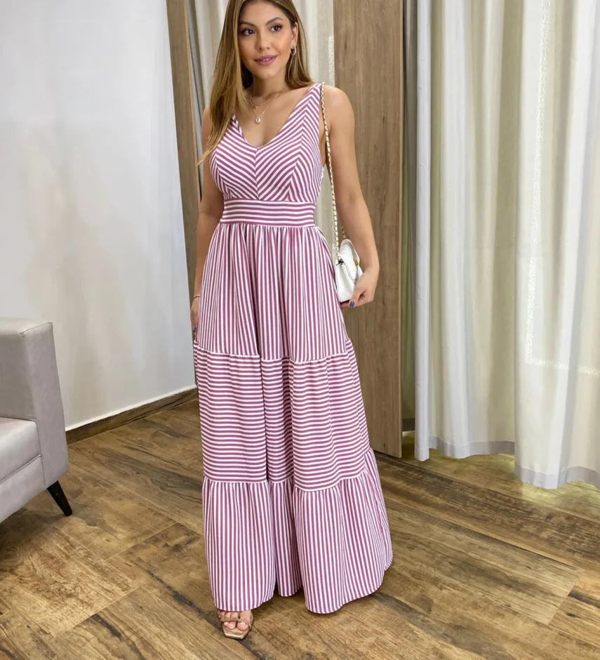 Vestido Longo com Bojo e Lastex Alça Grossa Listrado de Rosé - Fernanda Ramos Store