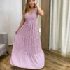 Vestido Longo com Bojo e Lastex Alça Grossa Listrado de Rosé - Fernanda Ramos Store