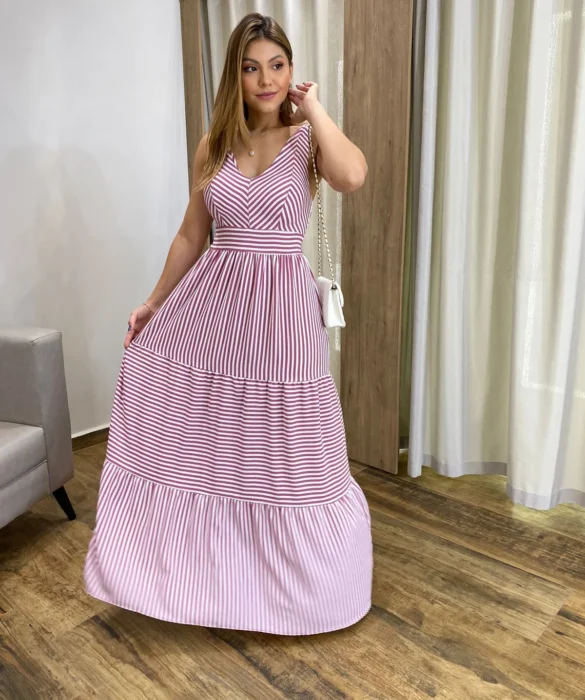 Vestido Longo com Bojo e Lastex Alça Grossa Listrado de Rosé - Fernanda Ramos Store