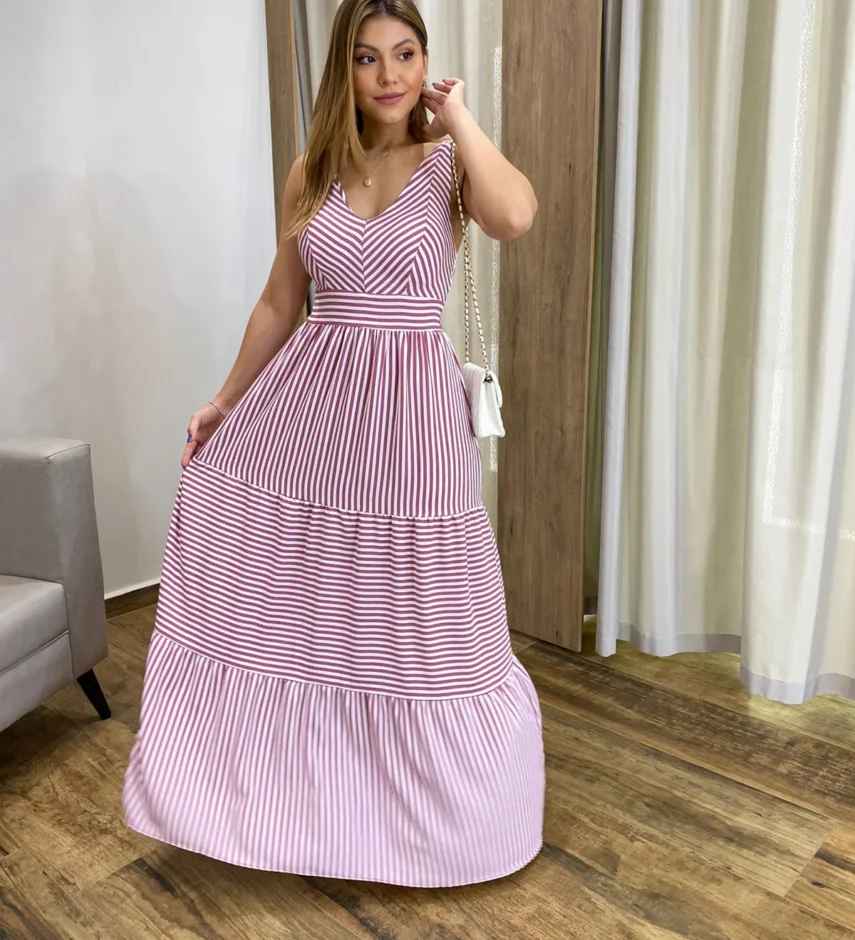 Vestido Longo com Bojo e Lastex Alça Grossa Listrado de Rosé - Fernanda Ramos Store