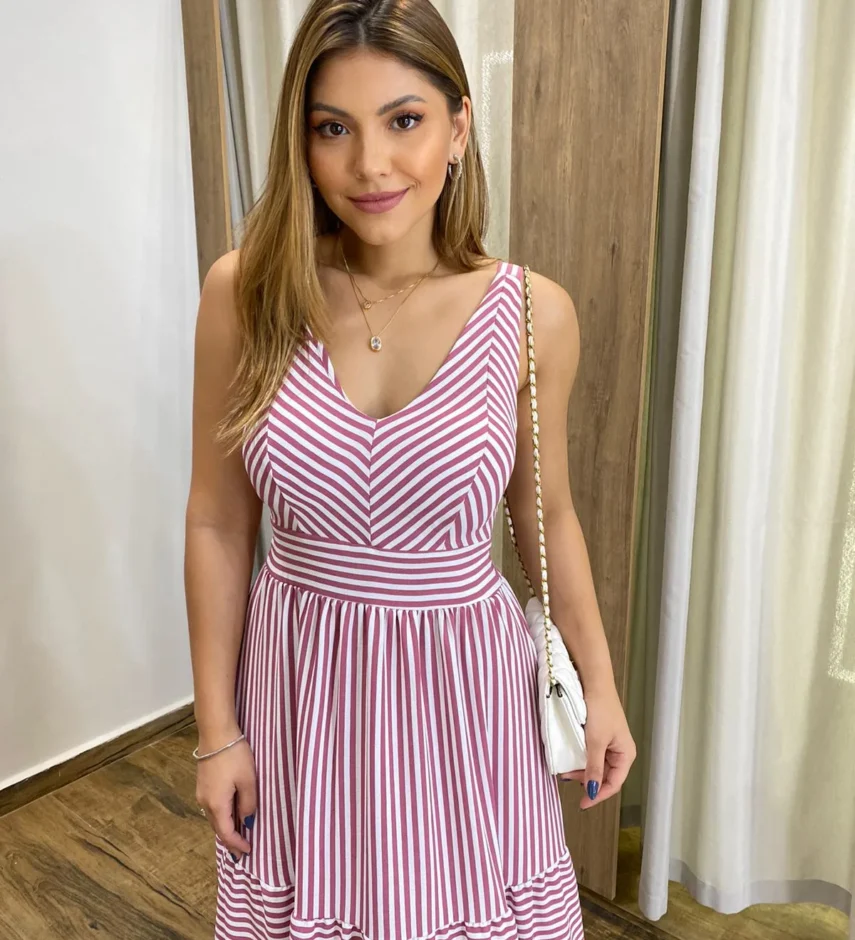 Vestido Longo com Bojo e Lastex Alça Grossa Listrado de Rosé - Fernanda Ramos Store