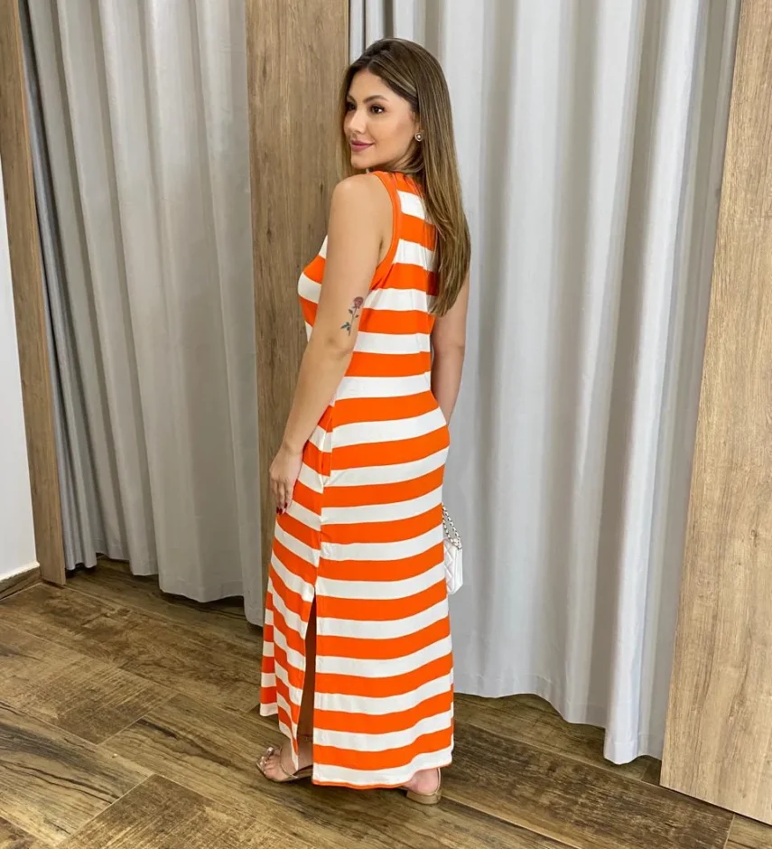 Vestido Longo sem Bojo de Malha com Bolsos Listrado Laranja - Fernanda Ramos Store