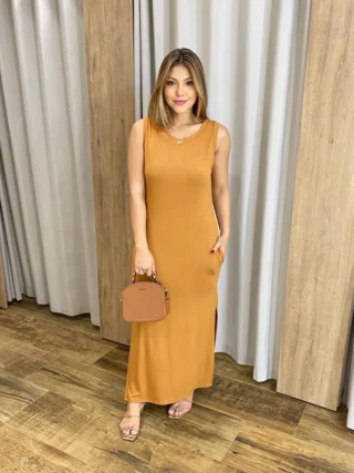 Vestido Longo sem Bojo de Malha com Bolsos Caramelo - Fernanda Ramos Store