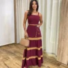 Vestido Longo sem Bojo Marsala com Detalhe Caramelo e Amarração - Fernanda Ramos Store