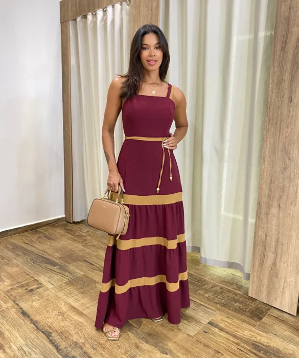 Vestido Longo sem Bojo Marsala com Detalhe Caramelo e Amarração - Fernanda Ramos Store