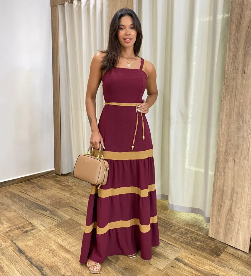Vestido Longo sem Bojo Marsala com Detalhe Caramelo e Amarração - Fernanda Ramos Store