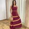 Vestido Longo sem Bojo Marsala com Detalhe Caramelo e Amarração - Fernanda Ramos Store