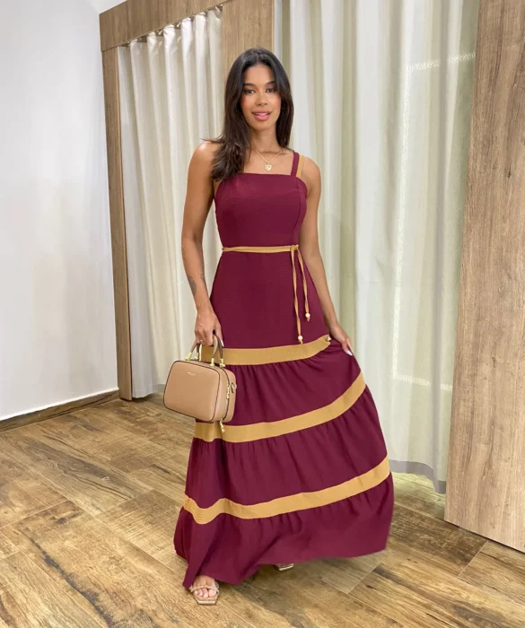 Vestido Longo sem Bojo Marsala com Detalhe Caramelo e Amarração - Fernanda Ramos Store