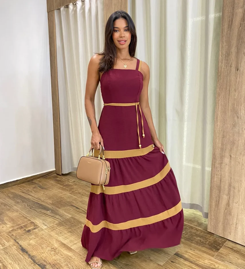 Vestido Longo sem Bojo Marsala com Detalhe Caramelo e Amarração - Fernanda Ramos Store