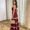 Vestido Longo sem Bojo Marsala com Detalhe Caramelo e Amarração - Fernanda Ramos Store