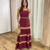 Vestido Longo sem Bojo Marsala com Detalhe Caramelo e Amarração - Fernanda Ramos Store