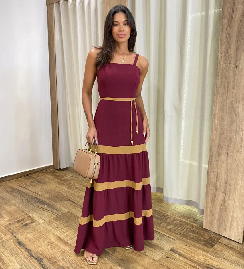 Vestido Longo sem Bojo Marsala com Detalhe Caramelo e Amarração - Fernanda Ramos Store