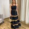 Vestido Longo sem Bojo Preto com Detalhe Caramelo e Amarração - Fernanda Ramos Store