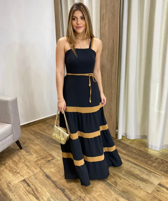 Vestido Longo sem Bojo Preto com Detalhe Caramelo e Amarração - Fernanda Ramos Store