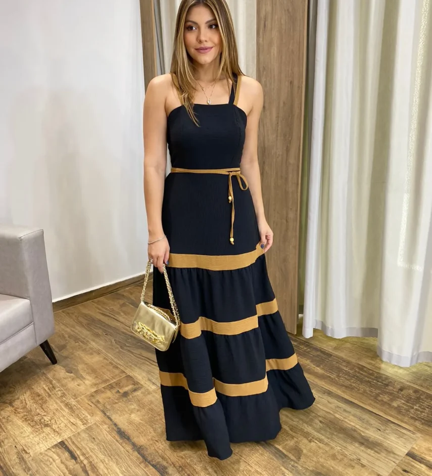 Vestido Longo sem Bojo Preto com Detalhe Caramelo e Amarração - Fernanda Ramos Store