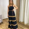 Vestido Longo sem Bojo Preto com Detalhe Caramelo e Amarração - Fernanda Ramos Store