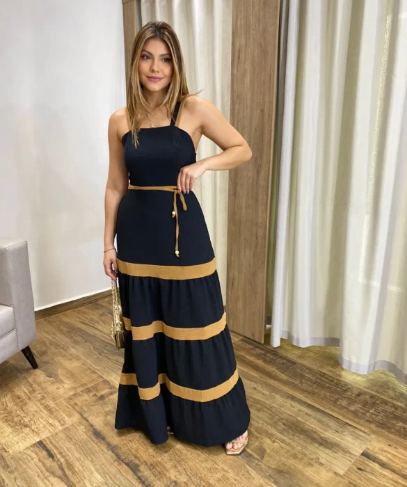 Vestido Longo sem Bojo Preto com Detalhe Caramelo e Amarração - Fernanda Ramos Store