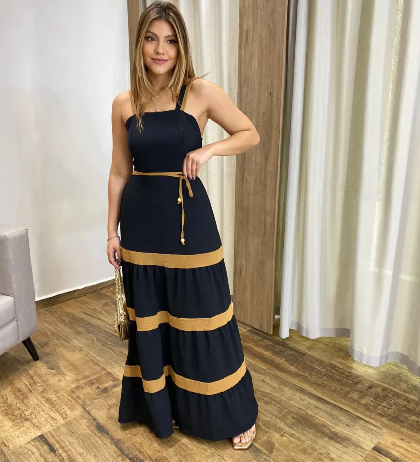 Vestido Longo sem Bojo Preto com Detalhe Caramelo e Amarração - Fernanda Ramos Store