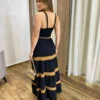 Vestido Longo sem Bojo Preto com Detalhe Caramelo e Amarração - Fernanda Ramos Store