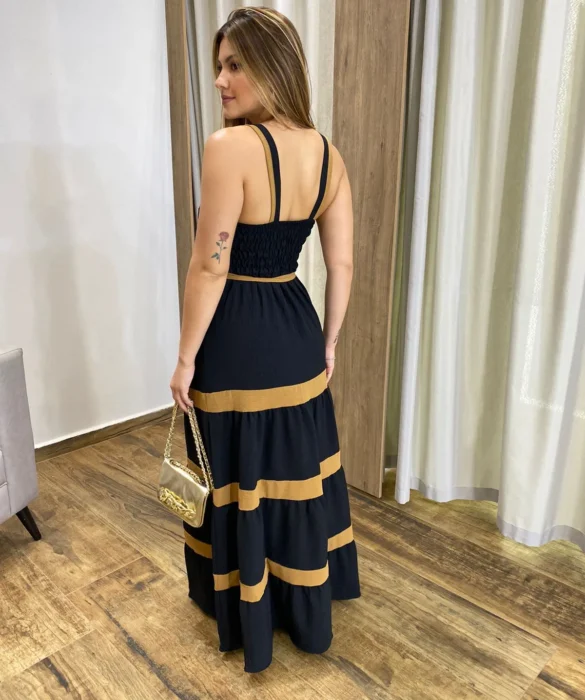 Vestido Longo sem Bojo Preto com Detalhe Caramelo e Amarração - Fernanda Ramos Store