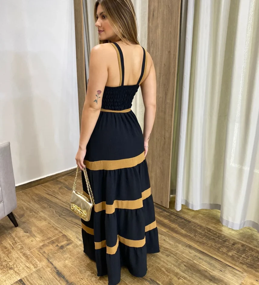 Vestido Longo sem Bojo Preto com Detalhe Caramelo e Amarração - Fernanda Ramos Store