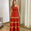 Vestido Longo sem Bojo Terracota com Detalhe Caramelo e Amarração - Fernanda Ramos Store