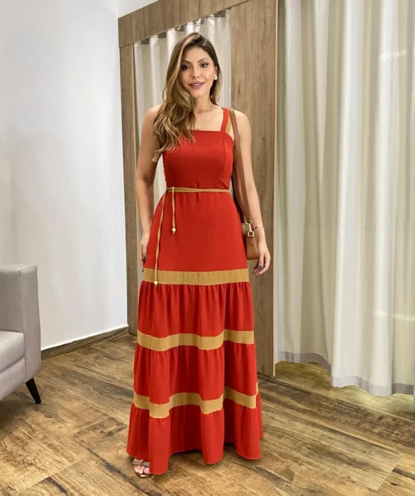 Vestido Longo sem Bojo Terracota com Detalhe Caramelo e Amarração - Fernanda Ramos Store