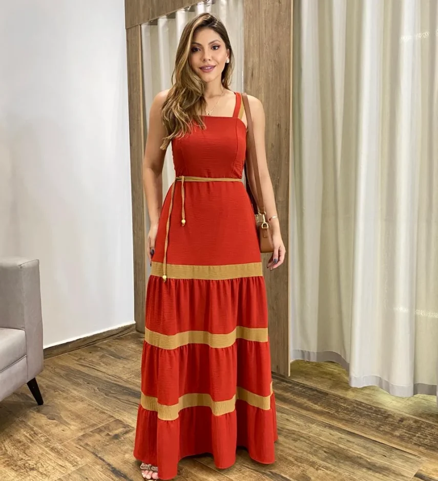Vestido Longo sem Bojo Terracota com Detalhe Caramelo e Amarração - Fernanda Ramos Store