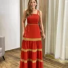 Vestido Longo sem Bojo Terracota com Detalhe Caramelo e Amarração - Fernanda Ramos Store