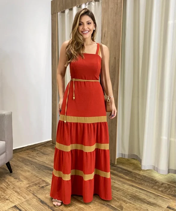 Vestido Longo sem Bojo Terracota com Detalhe Caramelo e Amarração - Fernanda Ramos Store