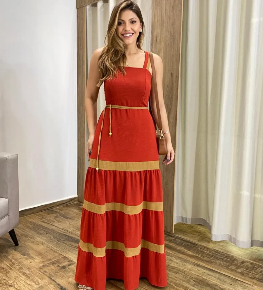Vestido Longo sem Bojo Terracota com Detalhe Caramelo e Amarração - Fernanda Ramos Store