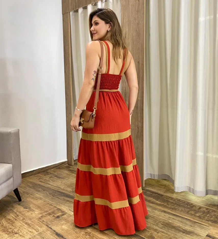 Vestido Longo sem Bojo Terracota com Detalhe Caramelo e Amarração - Fernanda Ramos Store