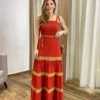 Vestido Longo sem Bojo Terracota com Detalhe Caramelo e Amarração - Fernanda Ramos Store