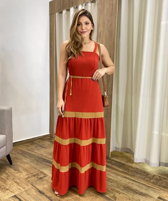 Vestido Longo sem Bojo Terracota com Detalhe Caramelo e Amarração - Fernanda Ramos Store