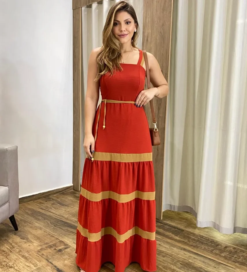 Vestido Longo sem Bojo Terracota com Detalhe Caramelo e Amarração - Fernanda Ramos Store