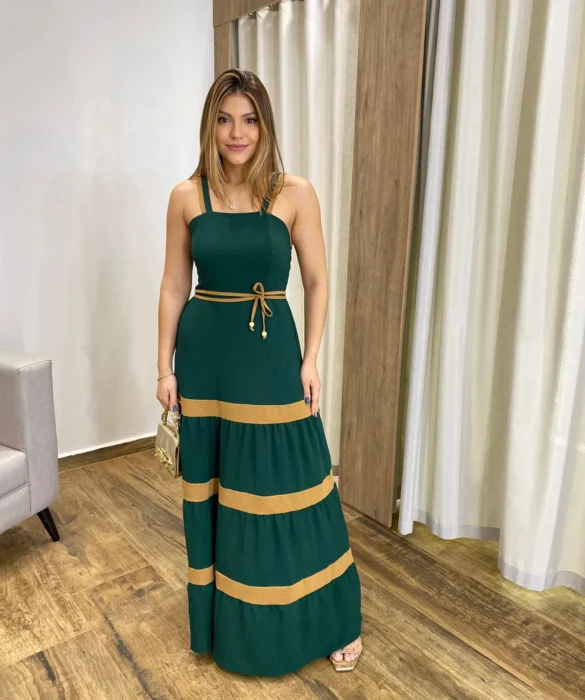 Vestido Longo sem Bojo Verde com Detalhe Caramelo e Amarração - Fernanda Ramos Store