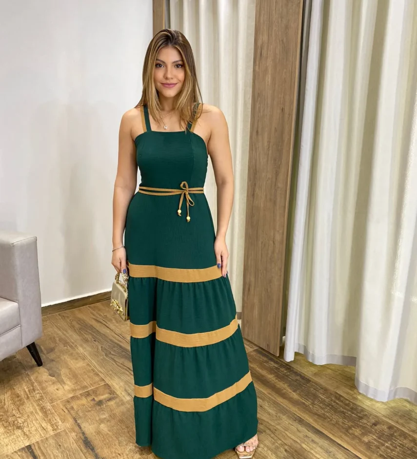 Vestido Longo sem Bojo Verde com Detalhe Caramelo e Amarração - Fernanda Ramos Store