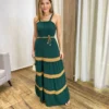 Vestido Longo sem Bojo Verde com Detalhe Caramelo e Amarração - Fernanda Ramos Store