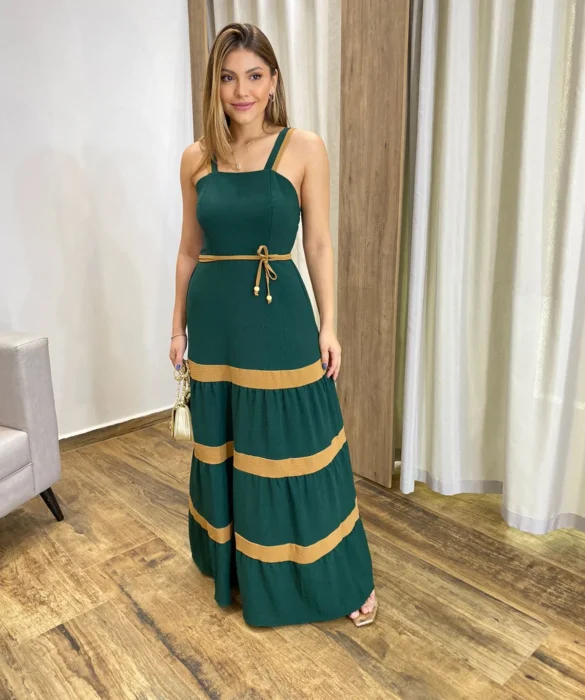 Vestido Longo sem Bojo Verde com Detalhe Caramelo e Amarração - Fernanda Ramos Store